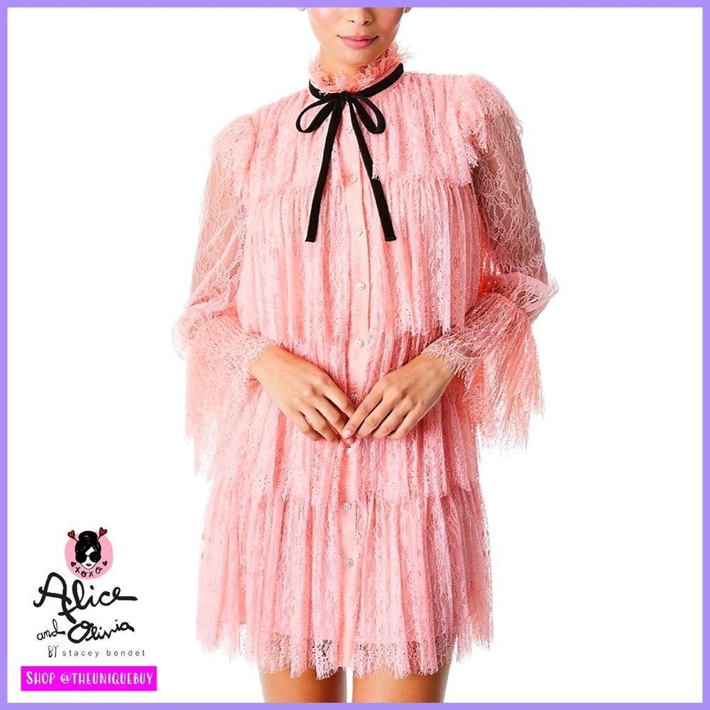 Alice + Olivia Joanie Pink Lace Tiered Ruffle Button Down Mini Dress